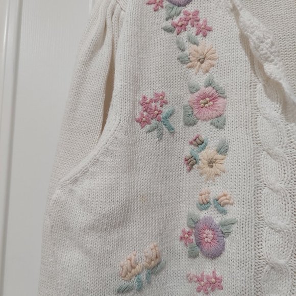 Pastel Floral Embroidered Cardigan with Pearl Buttons and Puff Sleeves Large - Picture 4 of 9